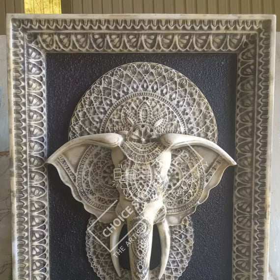 Antique Finish Marble Elephant Face Mural