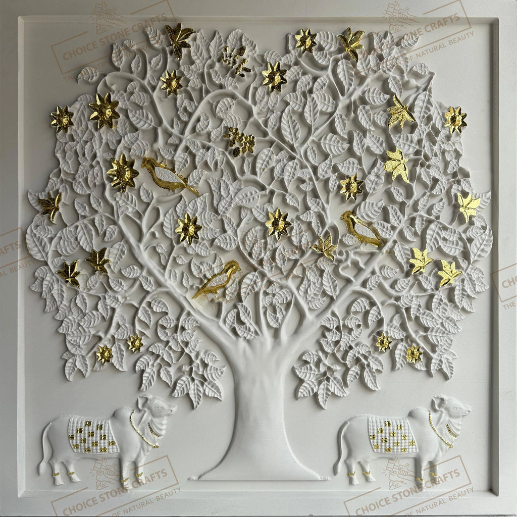 Kamadhenu Cow with Kalpavriksha Tree Natural Stone Mural