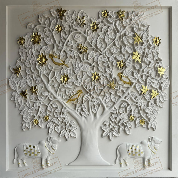 Kamadhenu Cow with Kalpavriksha Tree Natural Stone Mural