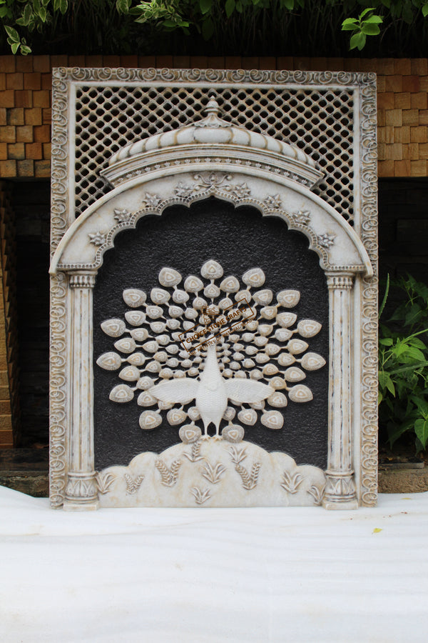 Marble Jharokha Panel with Fully Fanned Peacock