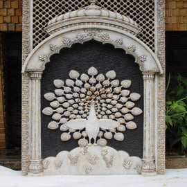 Marble Jharokha Panel with Fully Fanned Peacock