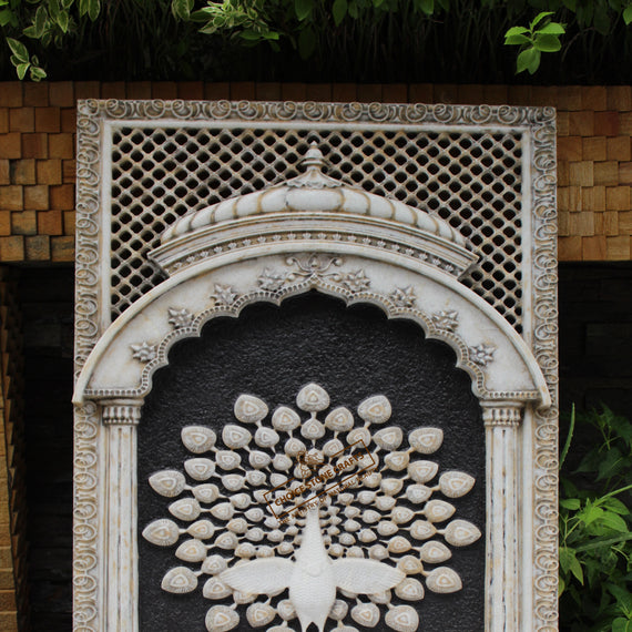 Marble Jharokha Panel with Fully Fanned Peacock