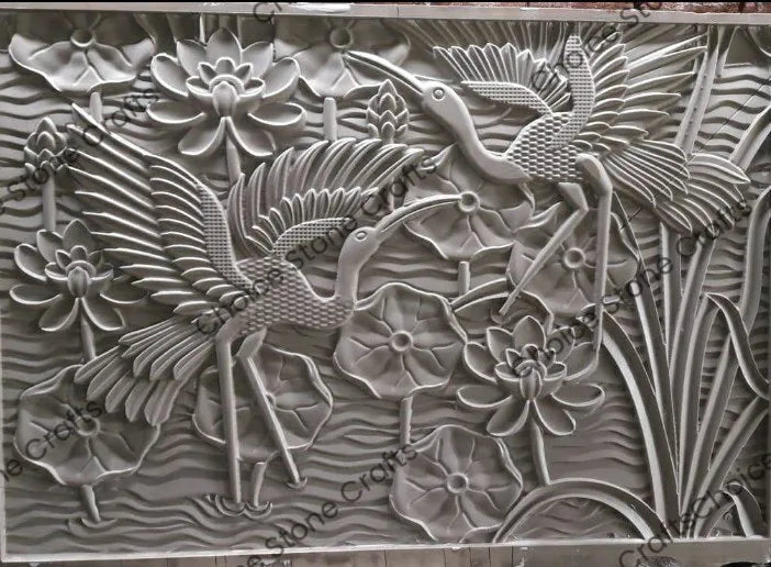 Lotus And Birds In a Pond Stone Mural